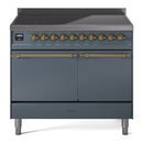 ILVE 40-Inch Nostalgie II Induction Range with Solid Door Oven in Blue Grey with Brass Trim (UPDI406QNMPBGG)