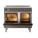 ILVE 40-Inch Nostalgie II Induction Range with Solid Door Oven in Matte Graphite with Brass Trim (UPDI406QNMPMGG)