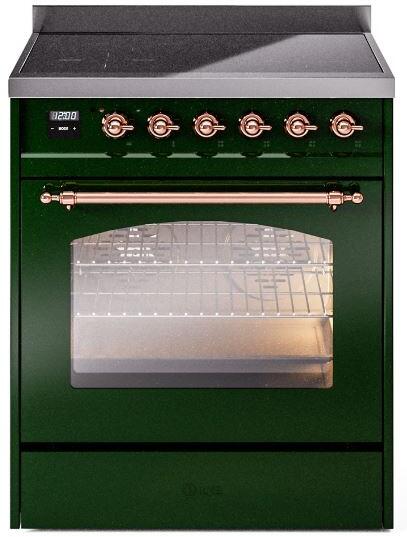 ILVE Nostalgie II 30-Inch Freestanding Electric Induction Range in Emerald Green with Copper Trim (UPI304NMPEGP)
