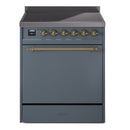 ILVE 30-Inch Nostalgie II Induction Range with Solid Door Oven in Blue Grey with Brass Trim (UPI304QNMPBGG)