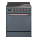 ILVE 30-Inch Nostalgie II Induction Range with Solid Door Oven in Blue Grey with Copper Trim (UPI304QNMPBGP)