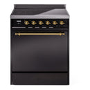 ILVE 30-Inch Nostalgie II Induction Range with Solid Door Oven in Glossy Black with Brass Trim (UPI304QNMPBKG)