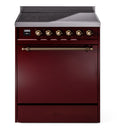 ILVE 30-Inch Nostalgie II Induction Range with Solid Door Oven in Burgundy with Bronze Trim (UPI304QNMPBUB)