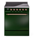 ILVE 30-Inch Nostalgie II Induction Range with Solid Door Oven in Emerald Green with Copper Trim (UPI304QNMPEGP)