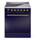 ILVE 30-Inch Nostalgie II Induction Range with Solid Door Oven in Midnight Blue with Brass Trim (UPI304QNMPMBG)