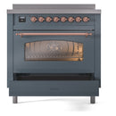 ILVE Nostalgie II 36-Inch Freestanding Electric Induction Range in Blue Grey with Copper Trim (UPI366NMPBGP)