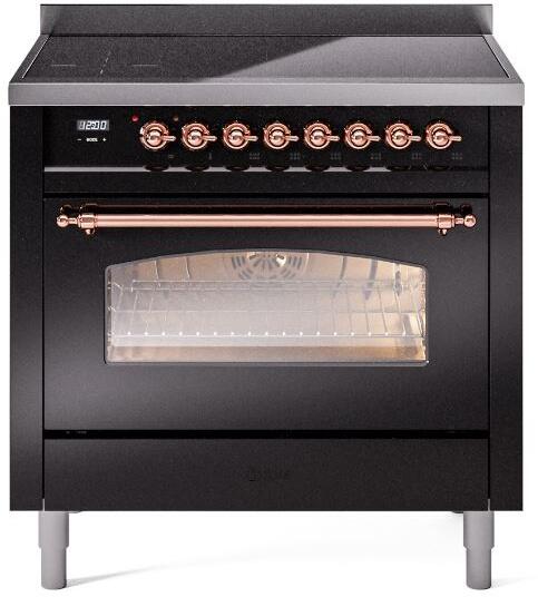 ILVE Nostalgie II 36-Inch Freestanding Electric Induction Range in Glossy Black with Copper Trim (UPI366NMPBKP)