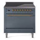 ILVE 36-Inch Nostalgie II Induction Range with Solid Door Oven in Blue Grey with Brass Trim (UPI366QNMPBGG)