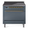 ILVE 36-Inch Nostalgie II Induction Range with Solid Door Oven in Blue Grey with Brass Trim (UPI366QNMPBGG)