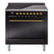 ILVE 36-Inch Nostalgie II Induction Range with Solid Door Oven in Glossy Black with Brass Trim (UPI366QNMPBKG)