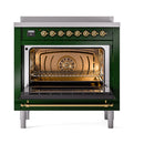 ILVE 36-Inch Nostalgie II Induction Range with Solid Door Oven in Emerald Green with Brass Trim (UPI366QNMPEGG)