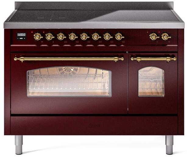 ILVE Nostalgie II 48-Inch Freestanding Electric Induction Range in Burgundy with Brass Trim (UPI486NMPBUG)