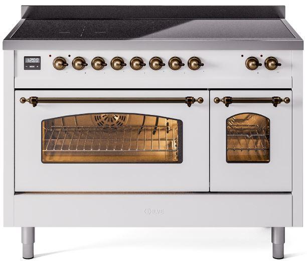 ILVE Nostalgie II 48-Inch Freestanding Electric Induction Range in White with Bronze Trim (UPI486NMPWHB)