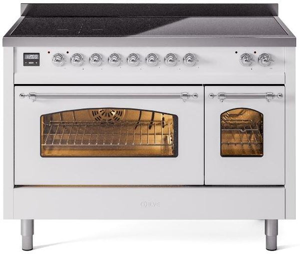 ILVE Nostalgie II 48-Inch Freestanding Electric Induction Range in White with Chrome Trim (UPI486NMPWHC)