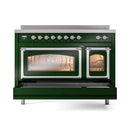 Emerald green induction range with both oven doors closed, chrome trim, and knob controls