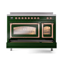 Emerald green induction range with copper-trimmed triple glass oven doors