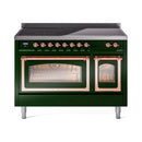 Emerald green induction range front with two open oven doors and copper-trimmed frames