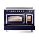 ILVE induction range with lower oven door open and illuminated racks behind glass