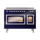 ILVE induction range in midnight blue with chrome trim and two glass oven doors