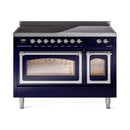 ILVE induction range front with chrome control knobs and two glass doors, midnight blue