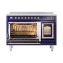 ILVE induction range in midnight blue with brass-trim triple glass oven doors