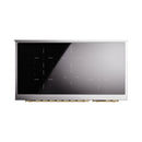 Midnight blue induction range glass cooktop panel with metal trim