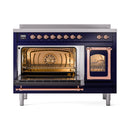 Induction range with open oven doors, triple glass panels, midnight blue and copper trim