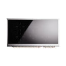 Induction range cooktop with black glass surface and control markings
