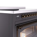 Induction range control panel close-up with digital clock, bronze knobs, matte graphite
