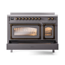 48-inch induction range with oven door open, lit cavity and side triple glass window