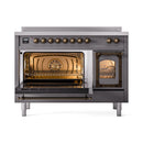 48-inch induction range with open oven doors, lit interior and bronze trim hardware