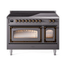 48-inch induction range with triple glass doors closed, bronze knob controls and matte graphite