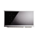 Matte graphite induction range front panel with black glass and white layout lines
