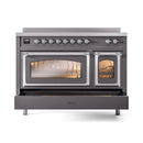 Matte graphite induction range with chrome-trim doors and lit oven windows, triple glass.