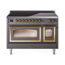 Matte graphite induction range with brass-trim oven doors and interior lighted oven racks