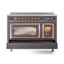 Matte graphite induction range front with copper trim and two glass oven doors