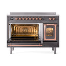 Induction range interior view with illuminated oven cavity, racks, and copper door trim