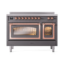 Matte graphite induction range with copper handle trim and two glass oven doors closed