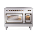 Stainless induction range with triple glass doors and bronze trim, oven door view