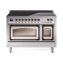 Stainless induction range with bronze-trim controls and triple glass oven doors