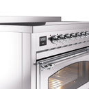 Induction range control panel with digital display and knob row, front side view