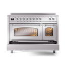 Induction range with open triple glass oven doors and lit interior, front view