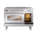 Induction range with right oven door open and interior rack, front view