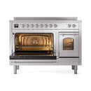 Induction range with both oven doors open, lit interior and wire racks, front view