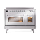 Stainless steel induction range with triple glass doors and chrome trim, front view
