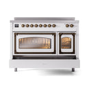 White 48-inch induction range with bronze trim; front view with open triple-glass doors
