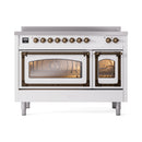 White 48-inch induction range with bronze trim; wide view of triple-glass doors