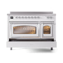 White induction range with triple glass doors, chrome knobs, and open oven compartments