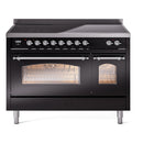 ILVE 48-Inch Nostalgie II Induction Range with Solid Door Oven in Glossy Black with Chrome Trim (UPI486QNMPBKC)