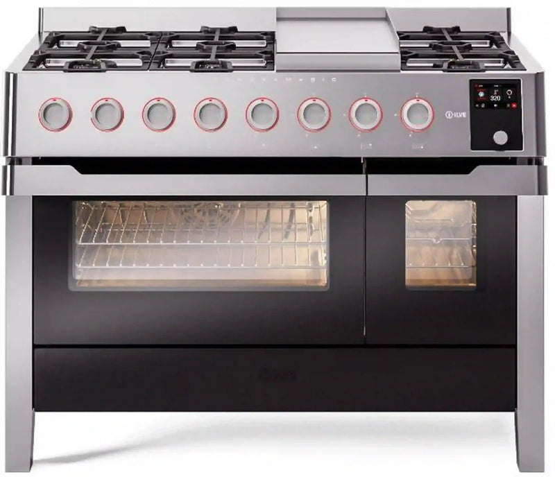ILVE Panoramagic 48-Inch Freestanding Dual Fuel Range with Removable Griddle in Stainless Steel (UPM12FDS3SS)